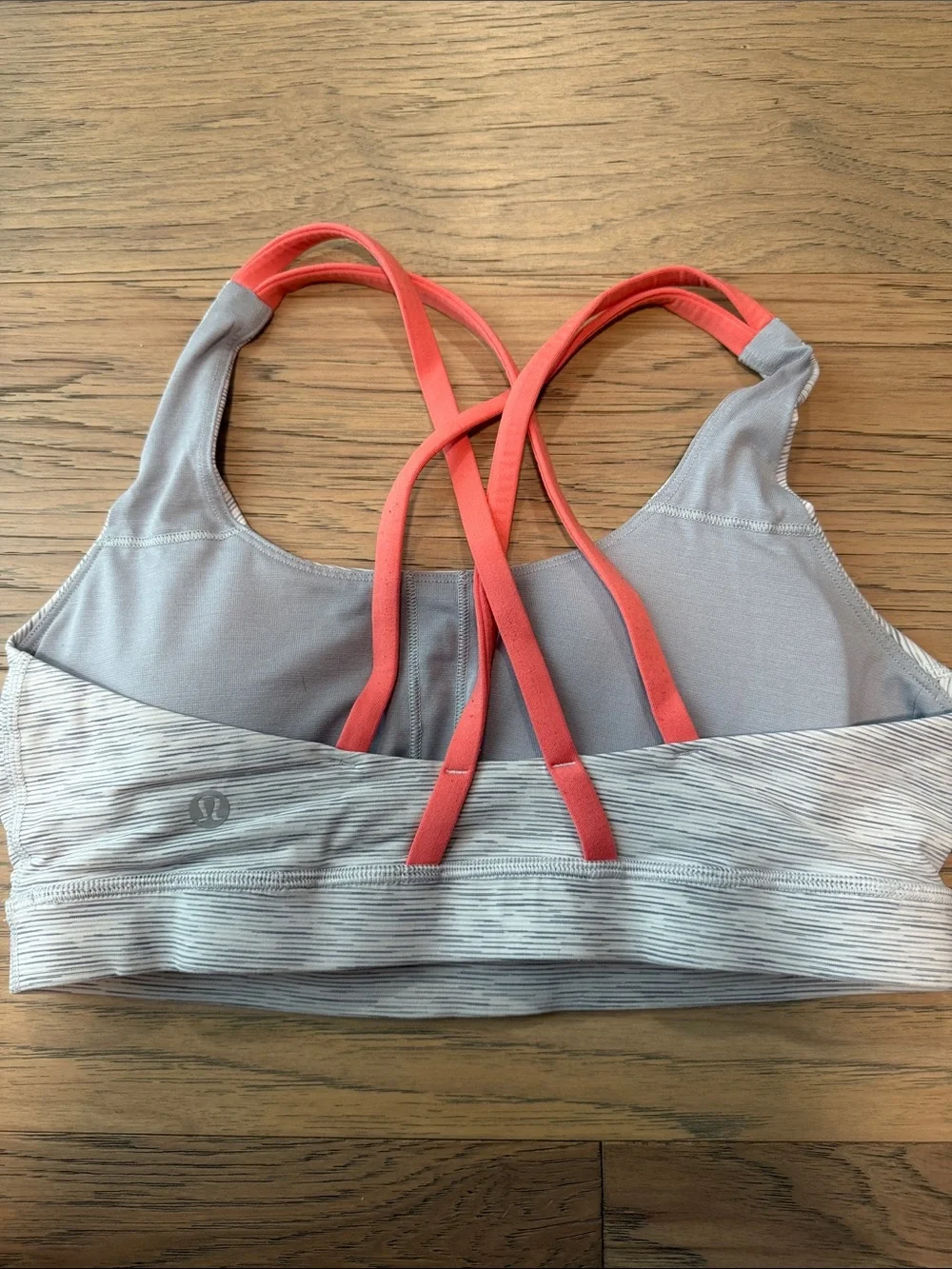 lululemon athletica Energy Light Gray Stripe Sports Bra with Coral Straps